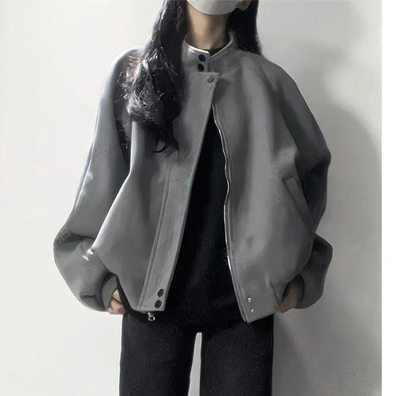 2025 New Autum Style Simple American Retro Versatile Gray Stand-Up Collar Suede Jacket Women's High-End Jacket