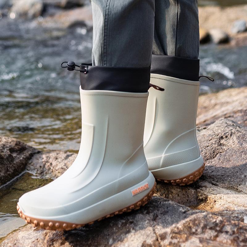 In-Stock Men's Thick-Soled Non-Slip Durable Rubber Shoes, Fashionable Versatile Waterproof Shoes with Drawstring, Water-Resistant Rain Boots