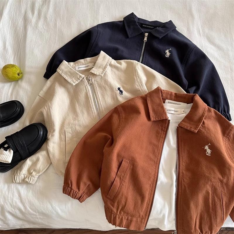 Children's Jacket 2026 Spring and Autumn Style for Boys and Girls, Japanese Trendy Brand Embroidered Turn-Down Collar Jacket, Short Zipper Shirt for Boys