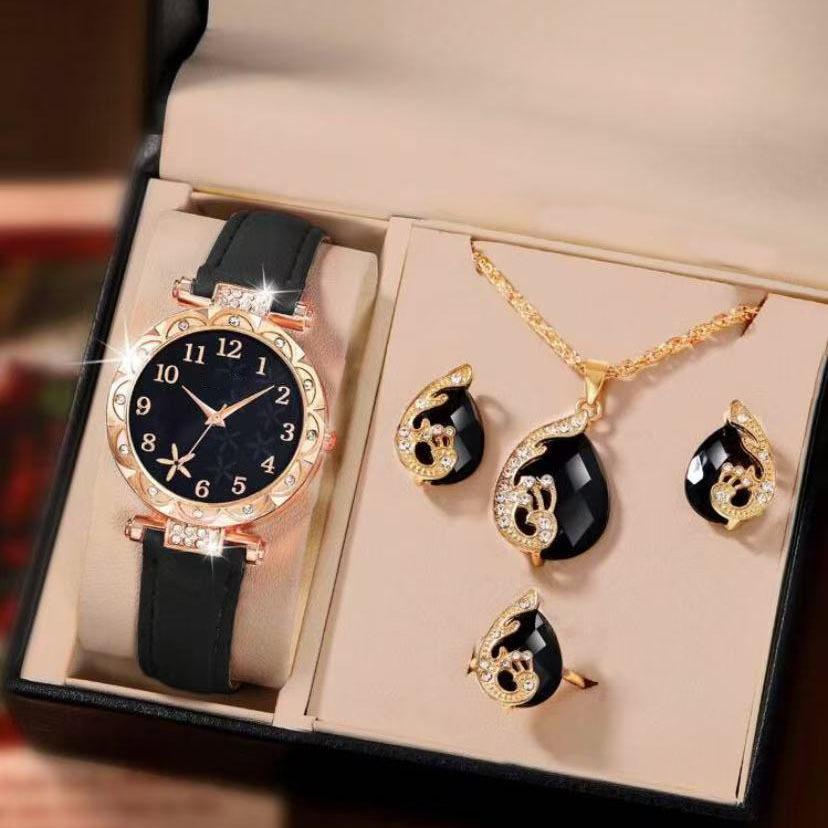 5Pcs Fashion Butterfly Women's Watch Leather Strap Ladies Quartz Watch Jewelry Set