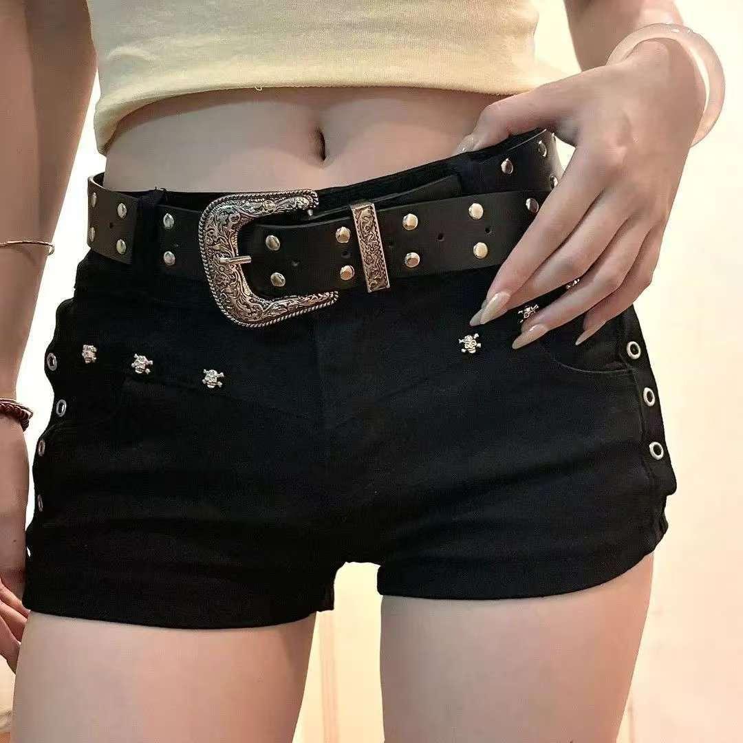 American-Style Spicy Girl Sexy Black Hip-Hugging Hot Pants Summer Versatile Slimming Elastic A-Line Studded Denim Shorts