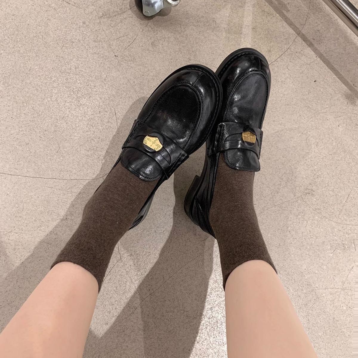 Pleated Horsehide Version ~ Grape Mom's Same Style Retro Small Gold Coin Lazy British Style Loafers Flats Women's Small Leather Shoes