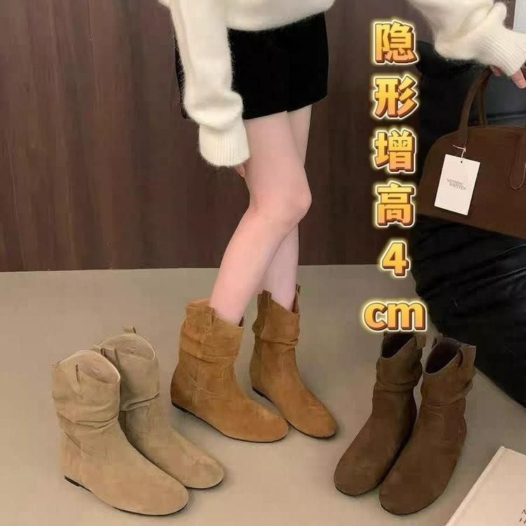 Inner Height-Increasing Melard Pleated Slouch Boots for Women 2025 New Suede Slim Boots Short Boots for Women Autumn and Winter Retro