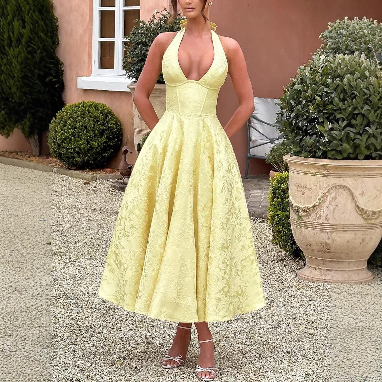 2026 European and American Cross-Border V-Neck Halter Jacquard Dress, High-End Evening Gown, Spring and Summer Style, Sleeveless, Backless, Waist-Cinching
