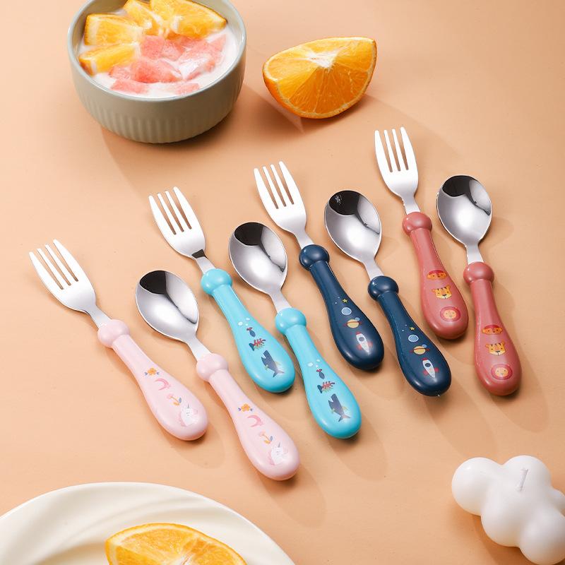 Children's portable tableware suit 304 stainless steel baby short handle fork spoon set box cute pattern birthday gift