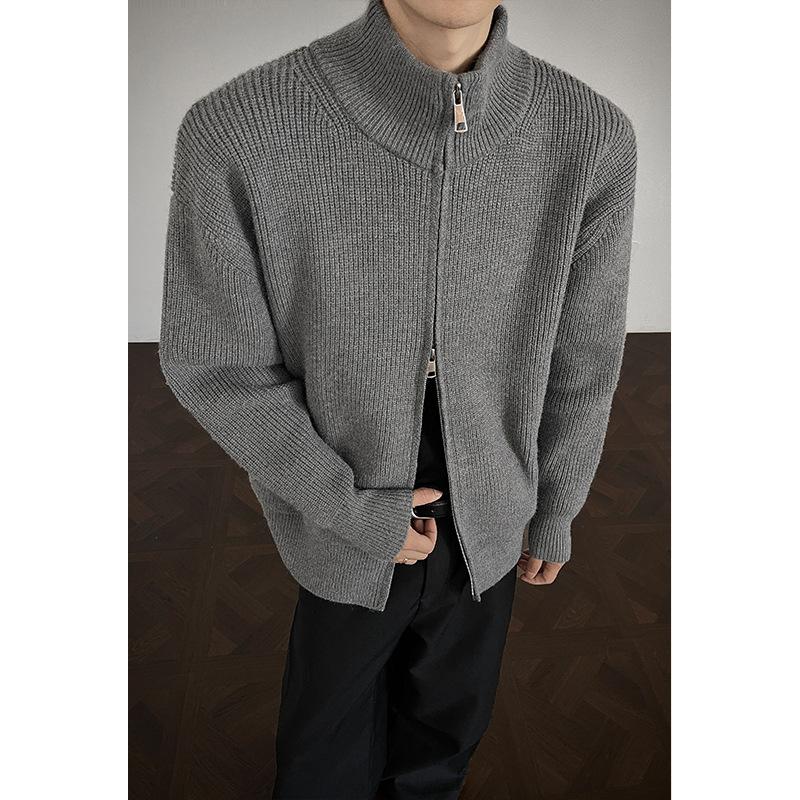Stand Collar Zipper Sweater Jacket for Men and Women, Early Autumn Design, Solid Color, Slim Fit, American Retro Knitwear, Trendy Brand
