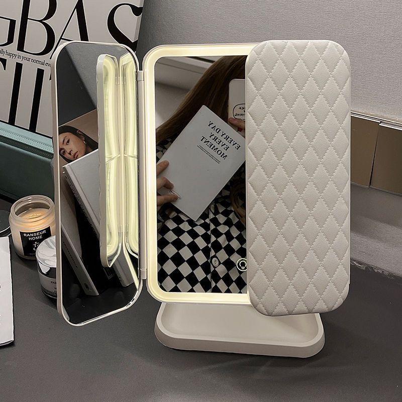 New Led Desktop Makeup Mirror Two-In-1 Shell Three-Sided Storage Box Foldableing Makeup Mirror Adjustable Mirror Double Opening