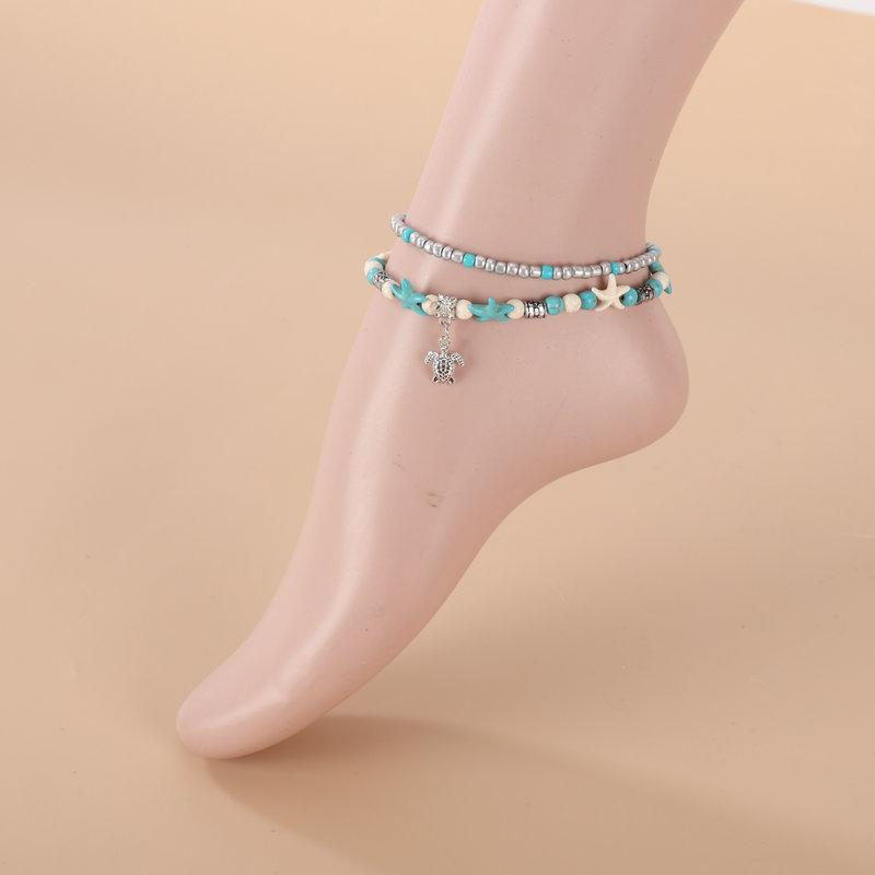 Cross-Border Bohemian Style Imitation Turquoise Starfish and Turtle Multi-Layer Anklet Vintage Beach Vacation Set in Stock