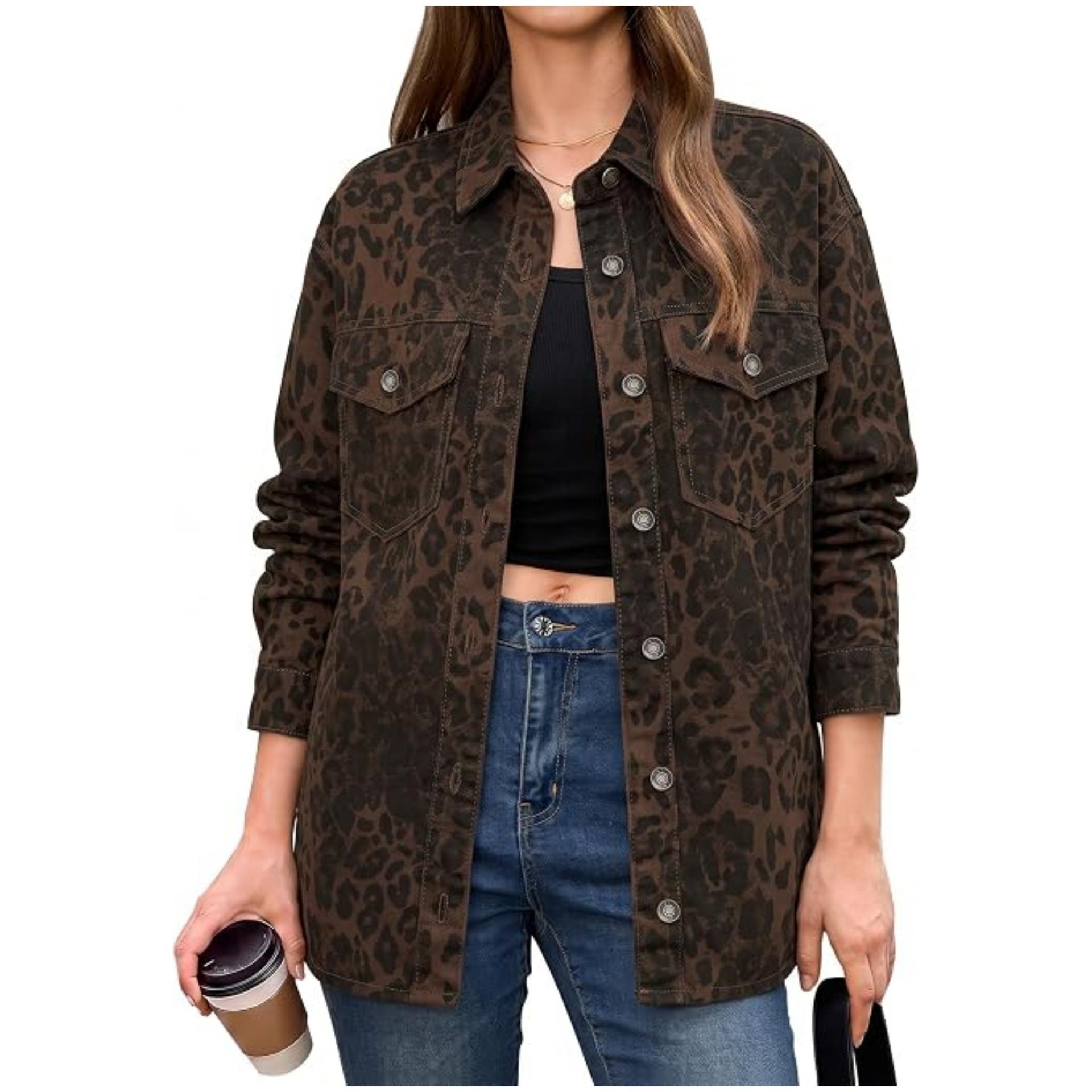 American retro-style leopard-print jacket, denim outerwear, 2026 autumn new collection, loose and comfortable, versatile top for women