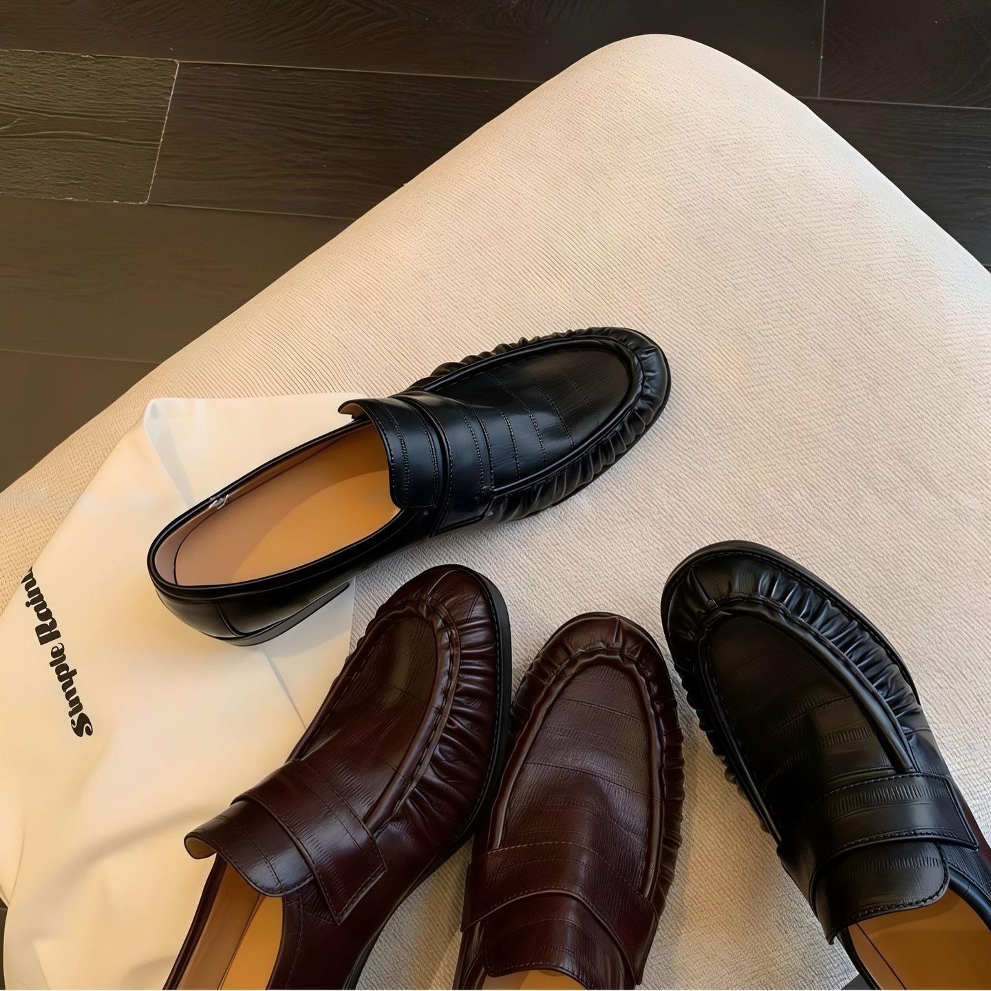 Women's leather loafers 2026 new model, chunky heel single shoes, genuine soft leather, British style, vintage eel pattern small leather shoes