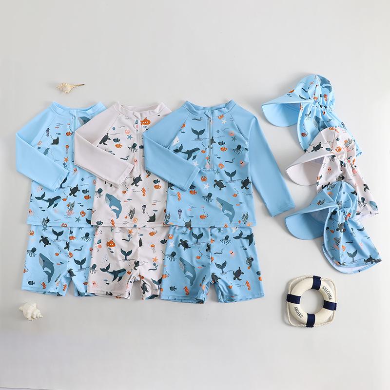 Children's long-sleeved one-piece swimsuit for boys, sun-protective, quick-drying, cartoon ocean-themed swimwear set for infants and toddlers swimming