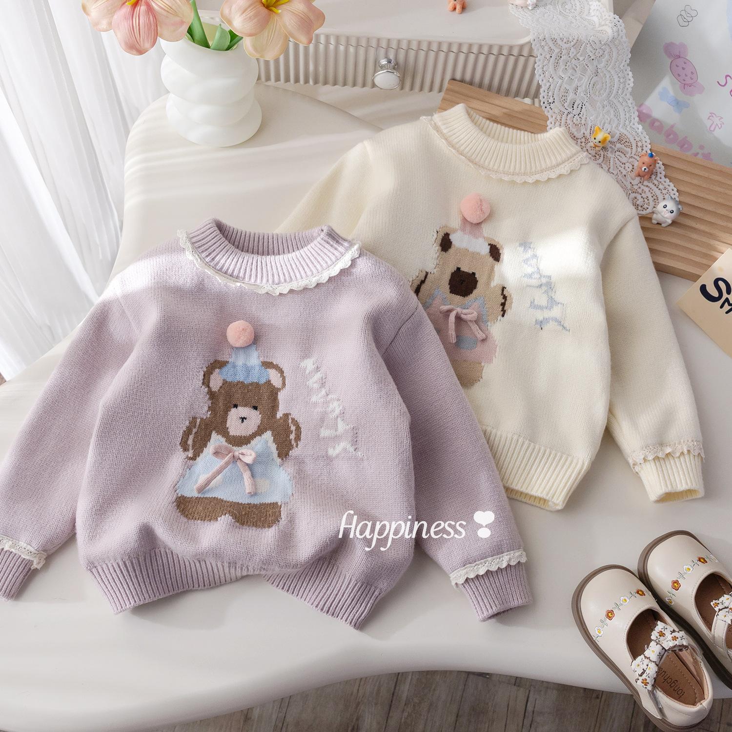 Girls' Autumn and Winter Thickeneded Knitwears Cute and Sweet Cartoon Bear Jacquard Knitwears Baby Girl's Winter Lace Tops