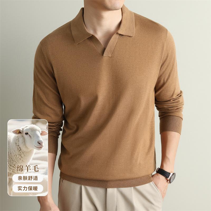Men's silk wool seagull collar sweater, 2026 autumn new solid color old money style casual base knit sweater for men
