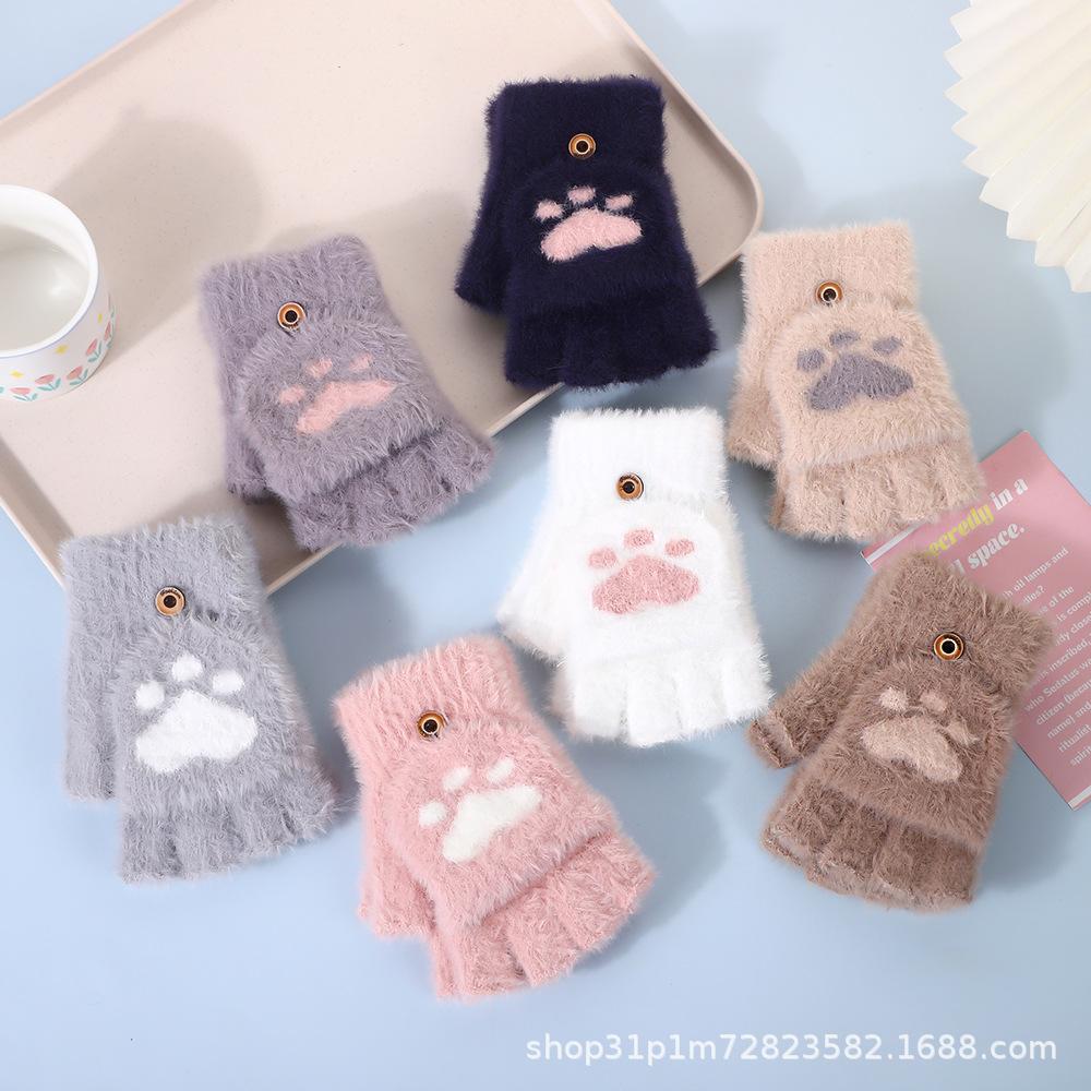 Korean Style Cat Claw Half-Finger Flip-Up Gloves for Students, Cold-Proof and Warm Gloves, Winter Fleece Knitted Gloves, Cartoon Gloves