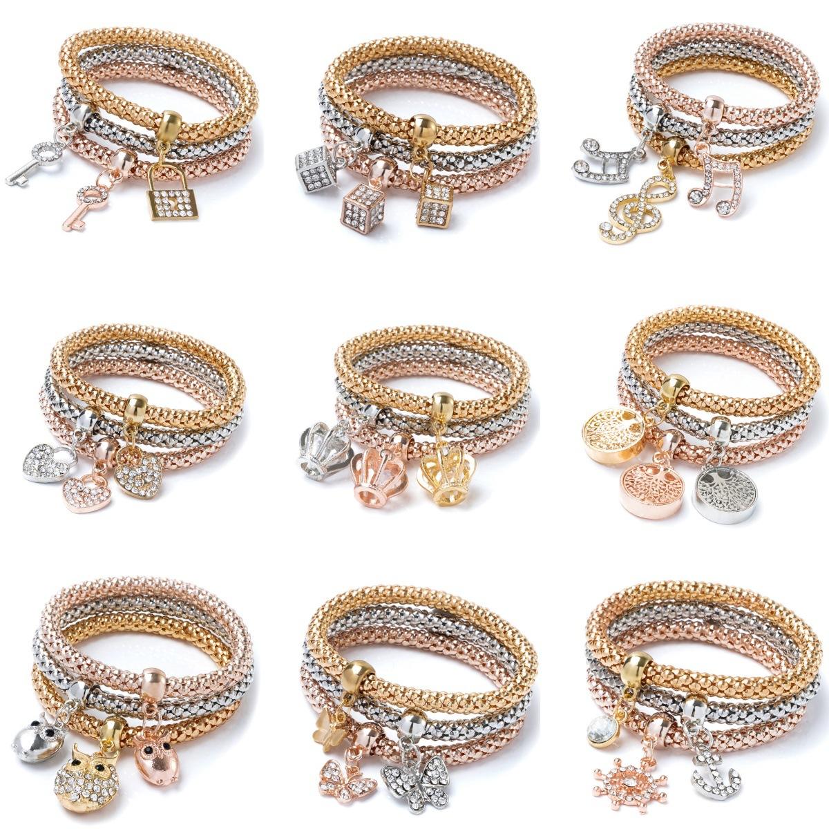 European and American Cross-Border Hot Selling Alloy Three-Color Set Elastic Popcorn Corn Chain Diamond Heart Pendant Bracelet for Women