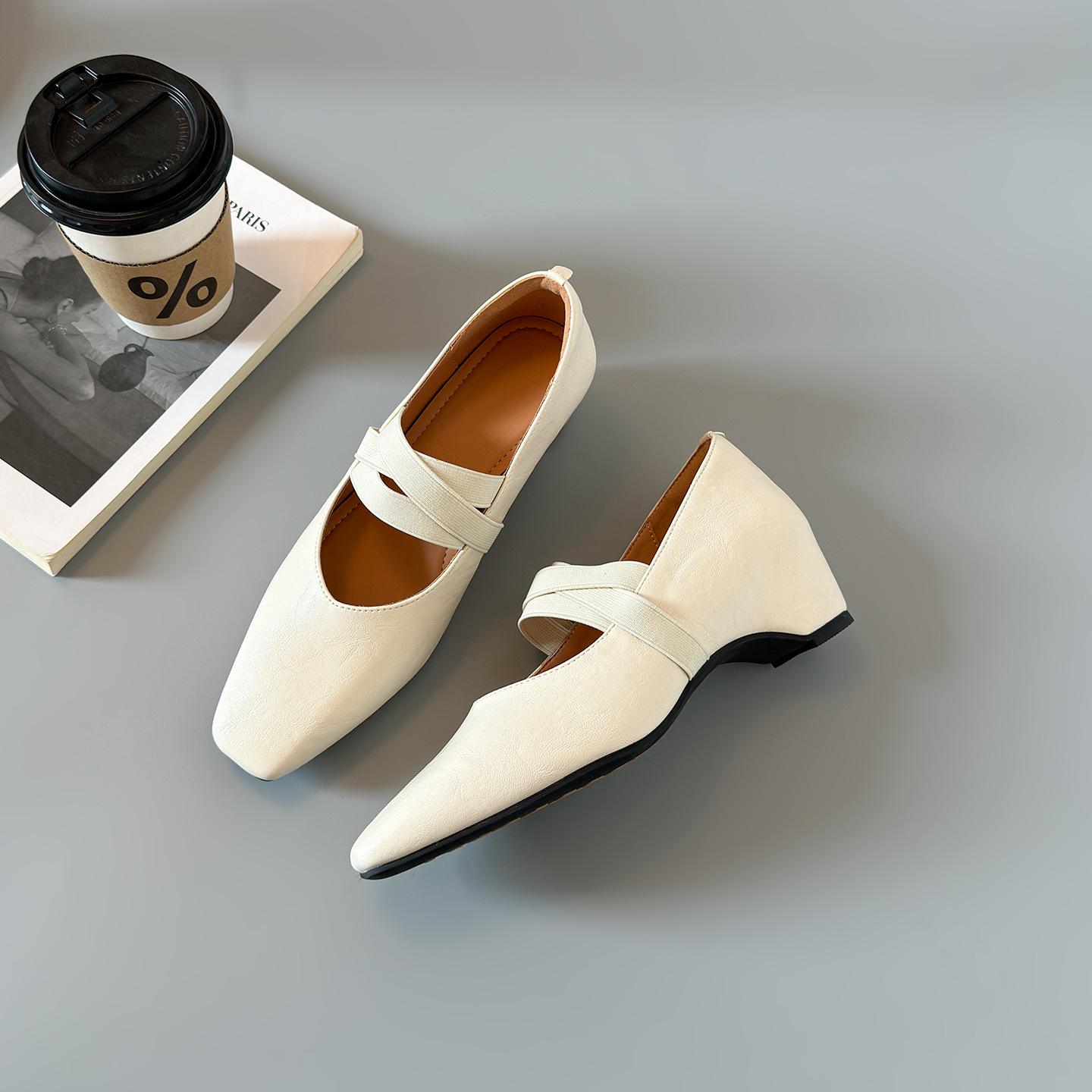 Women's new summer Mary Jane ballet shoes with 5CM internal height increase, stylish cross elastic strap shallow single shoes