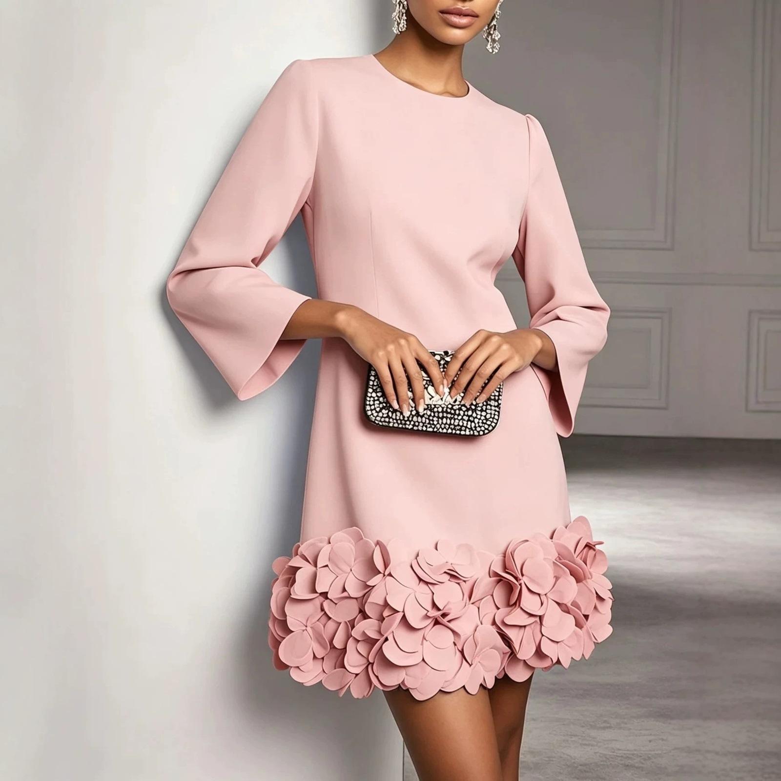 2026 European and American women's fashion: A-line party dress with a round neckline, long sleeves, and a flared hem adorned with three-dimensional floral embellishments