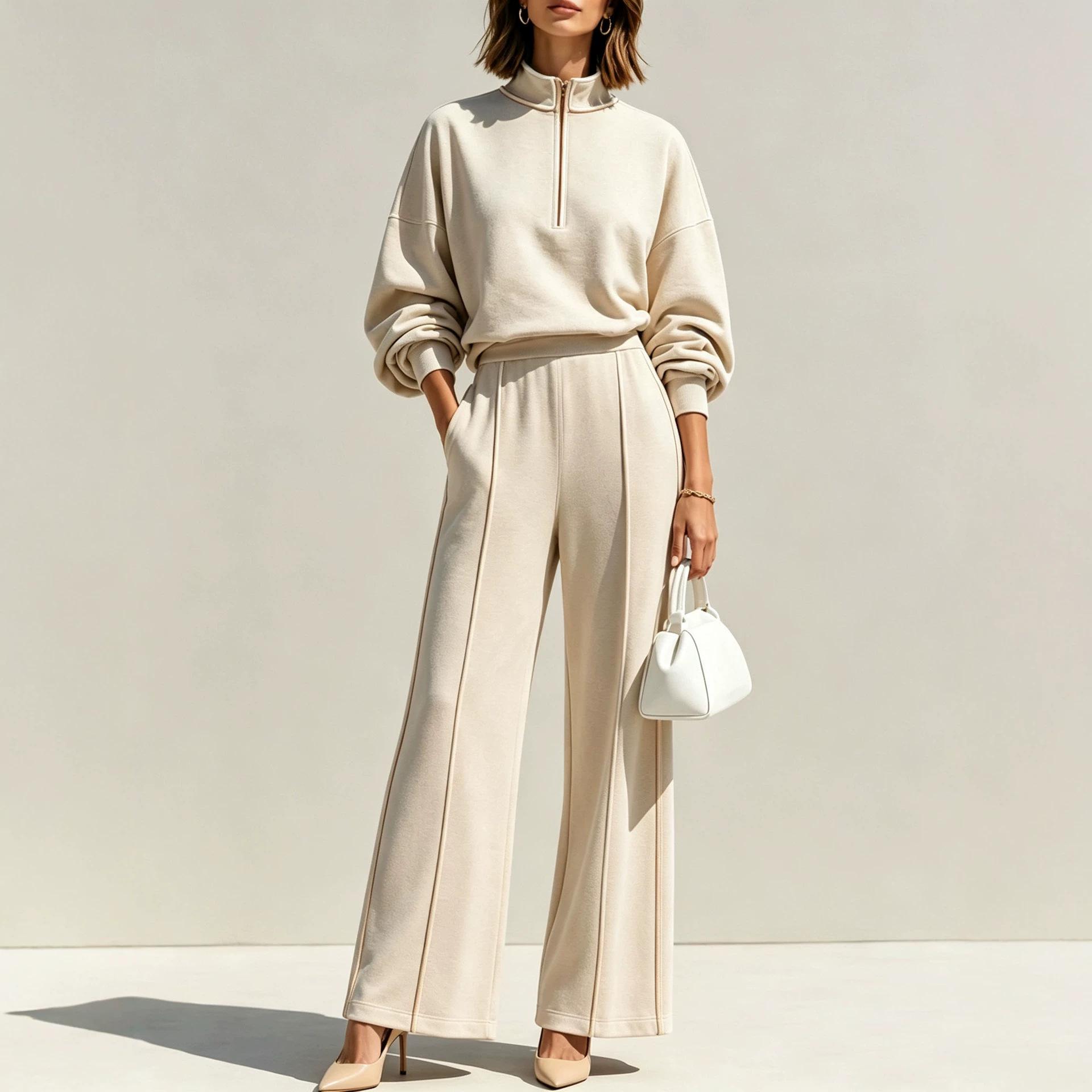 Cross-border European and American foreign trade women's two-piece set: half-zip stand-up collar sweatshirt + high-waisted wide-leg casual pants