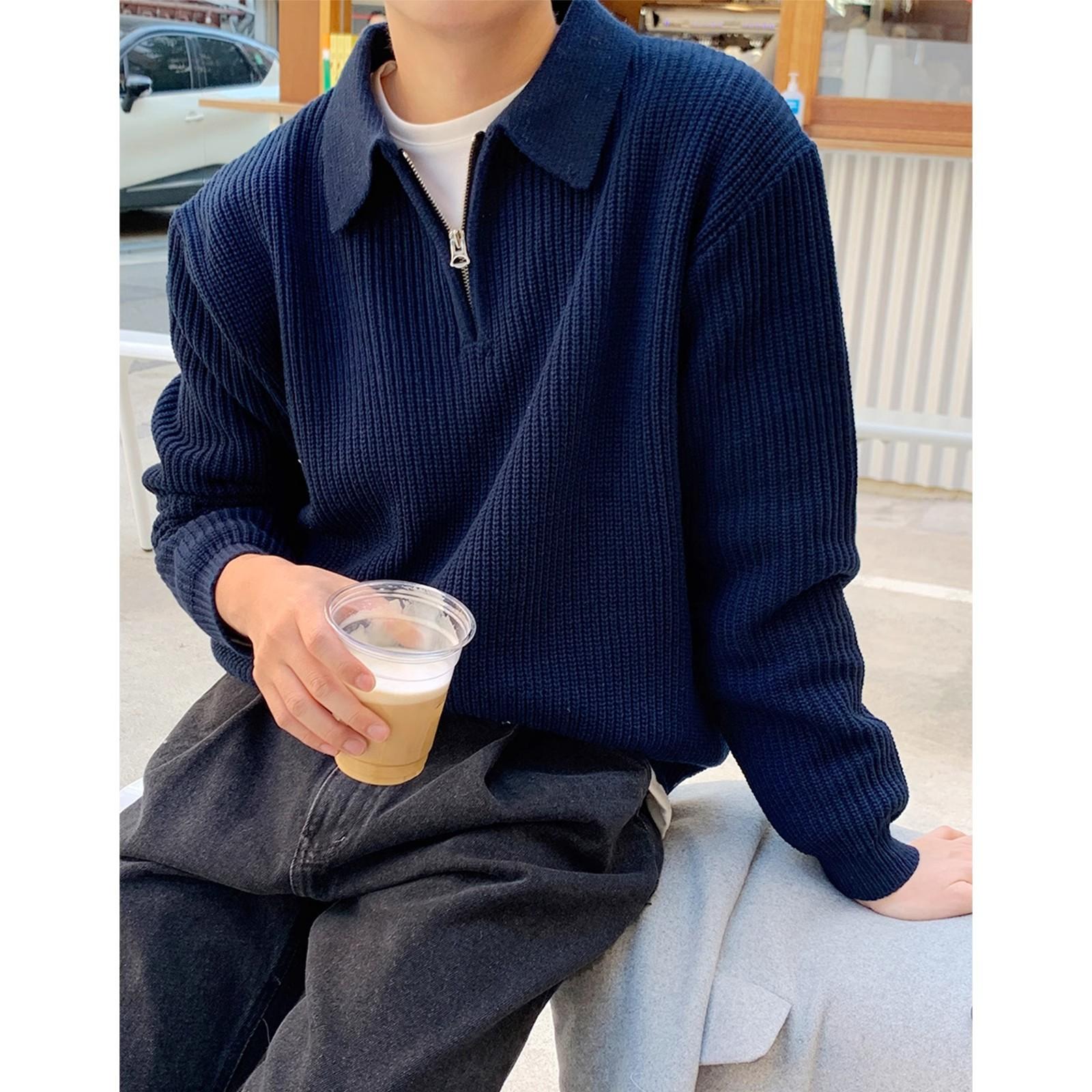 Autumn and Winter Knit Sweater for Men, Half-Zip Polo Shirt with Turn-Down Collar, Slim Fit, Warm, Cross-Border Wholesale, Light Luxury, High-End Feel