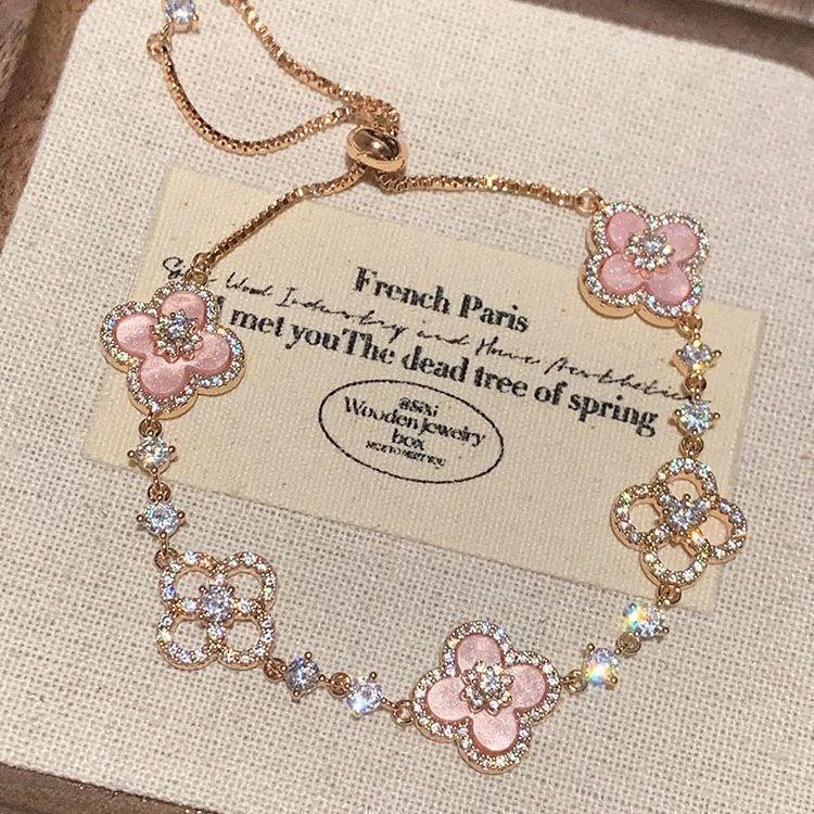 "Spring Flower Vow" Pink Flower Bracelet with Micro-Inlaid Details, Adjustable, Niche Design, Exquisite Hand Jewelry for Women