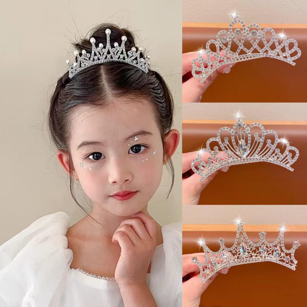 Children's Crown Tiara Princess Rhinestone Crown Comb Little Girl Performance Hair Comb Hairpin Diamond Palace Horse Eye
