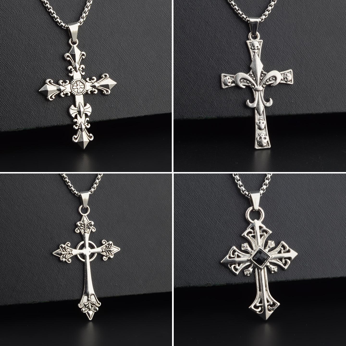 European and American Diamond Cross Titanium Steel Necklace for Boys and Girls Trendy Handsome Hip-Hop Retro Pendant Sweater Chain Long Style
