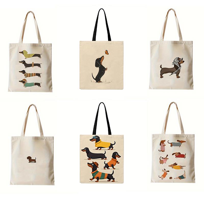 Cross-Border New Product: Dachshund Puppy Print Canvas Tote Bag, Foldable Bag, Travel Bag, Miscellaneous Items Bag