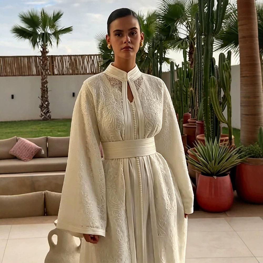 In stock - Exotic style dress with stand-up collar, lace embroidery, hollowed-out design, waist-cinching straps, and a long slit dress