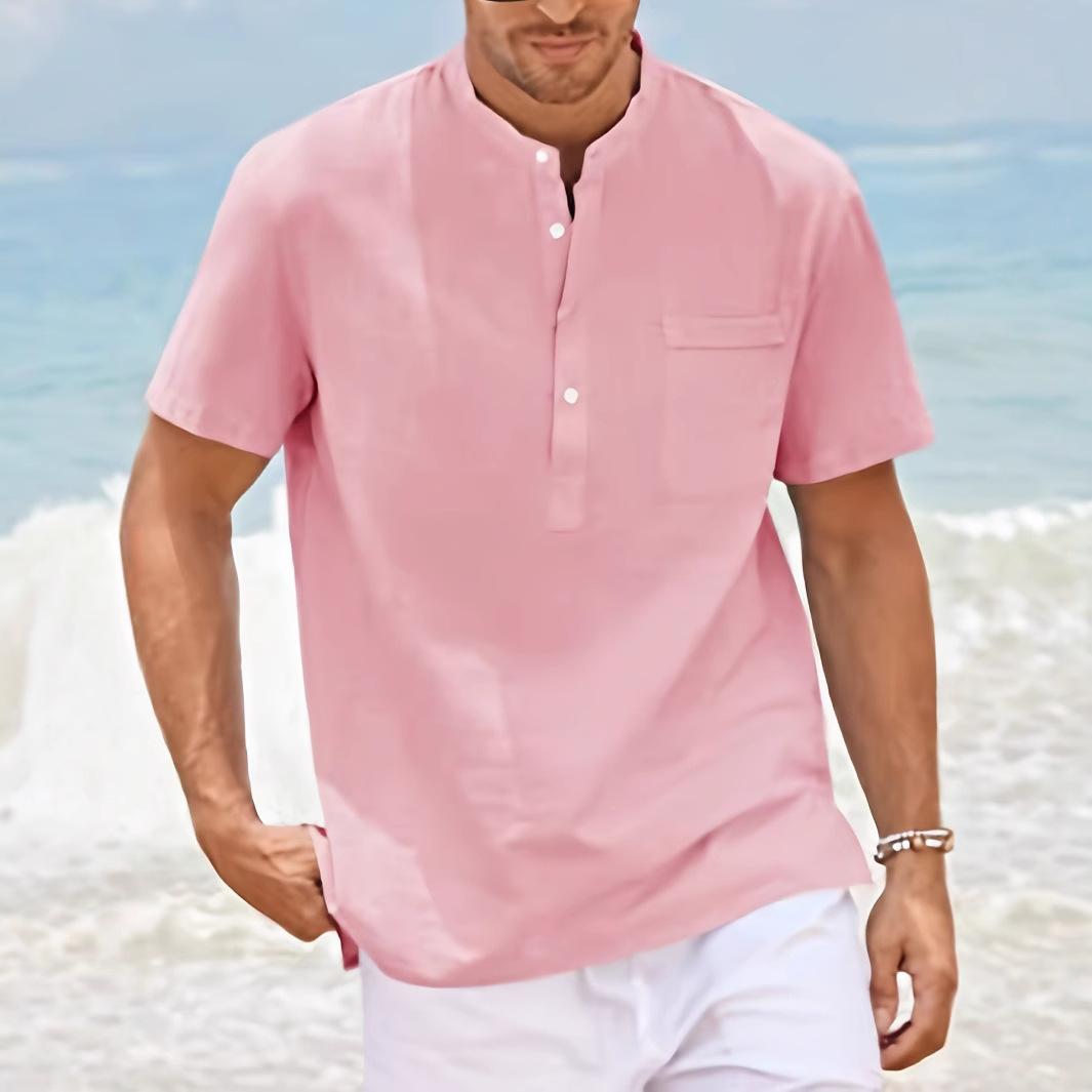 Cross-Border Temu Shein Amazon Cross-Border Foreign Trade Men's Short-Sleeve Pullover Shirt Large Size Solid Color Stand Collar Shirt