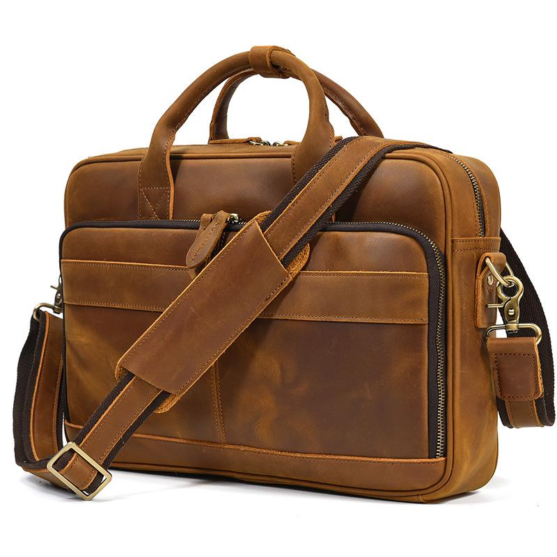 Vintage Crazy Horse Leather Briefcase 14inch Laptop Bag Top Layer Cowhide Men's Genuine Leather Briefcase Amazon Bestseller