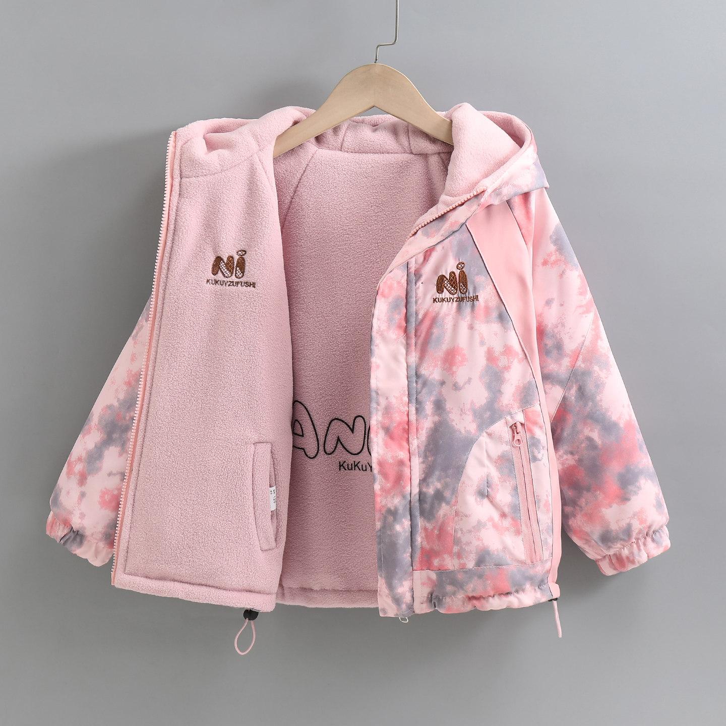 Children's Reversible Fleece-Lined Jacket, Spring and Autumn Girls' Hooded Jacket, Children's Outdoor Mountaineering Clothing