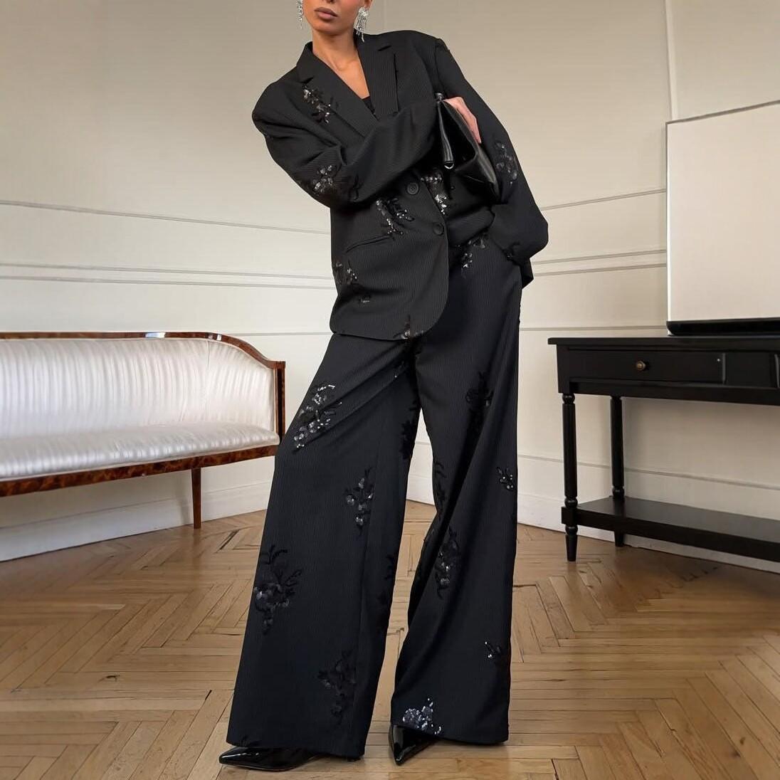 European and American Amazon Black Sequin Embroidered Suit Set for Women, High-End Loose Wide-Leg Pants Two-Piece Set