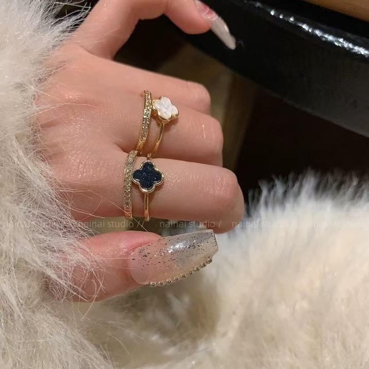 Black Double-Layered Four-Leaf Clover Open Ring for Women, Light Luxury, Super Shiny, New Style, Versatile Ring, Jewelry Wholesale