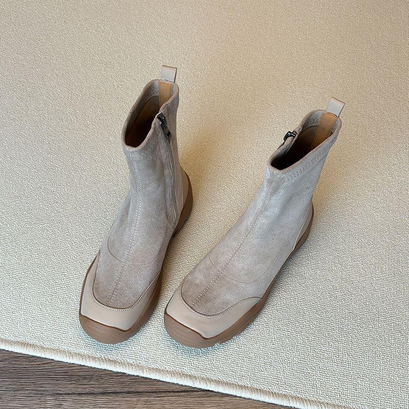 Sporty style thick-soled French-style new round-toe slim-fit boots, versatile side-zipper short boots for women in apricot suede