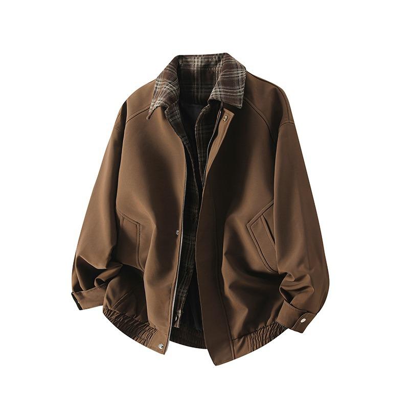 American Plaid Two-Piece Jacket Men's Spring and Autumn British Style Maillard Brown Flight Lapel Jacket Men