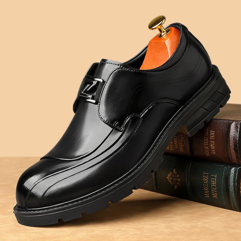 Men's Leather Shoes 2025 Spring New Style Round Toe Slip-On Thick-Soled British Formal Business Casual Men's Shoes