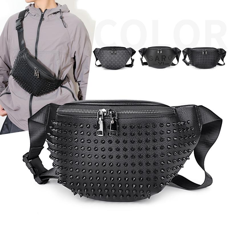 Sh268 Casual Unisex Chest Bag Pu Waist Bag Trendy Rivet Bag Cross-Border Street Fashion Black Cross-Border