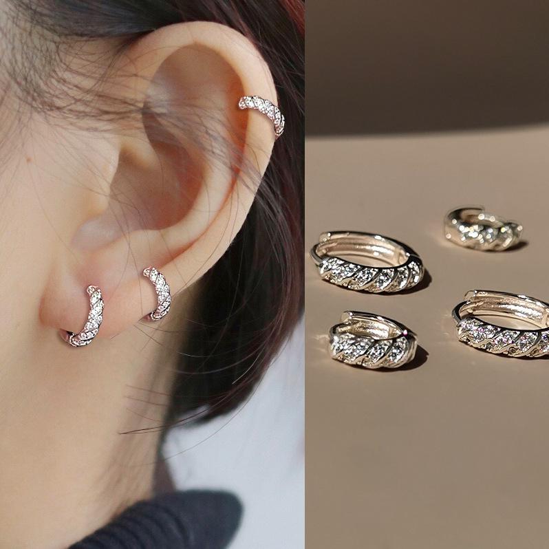 Full Diamond Ear Buckle 2024 New Sleeping Free Earrings Light Luxury High-end Earrings Women's Sterling Silver Ear Pole Ear Ring