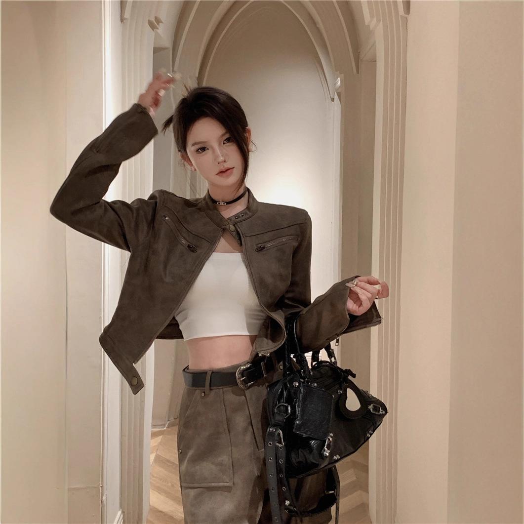 American Retro Autumn Short Motorcycle Jacket for Women, Spring and Autumn 2026 New Style, Suede Coffee Color, Cool and Stylish Jacket