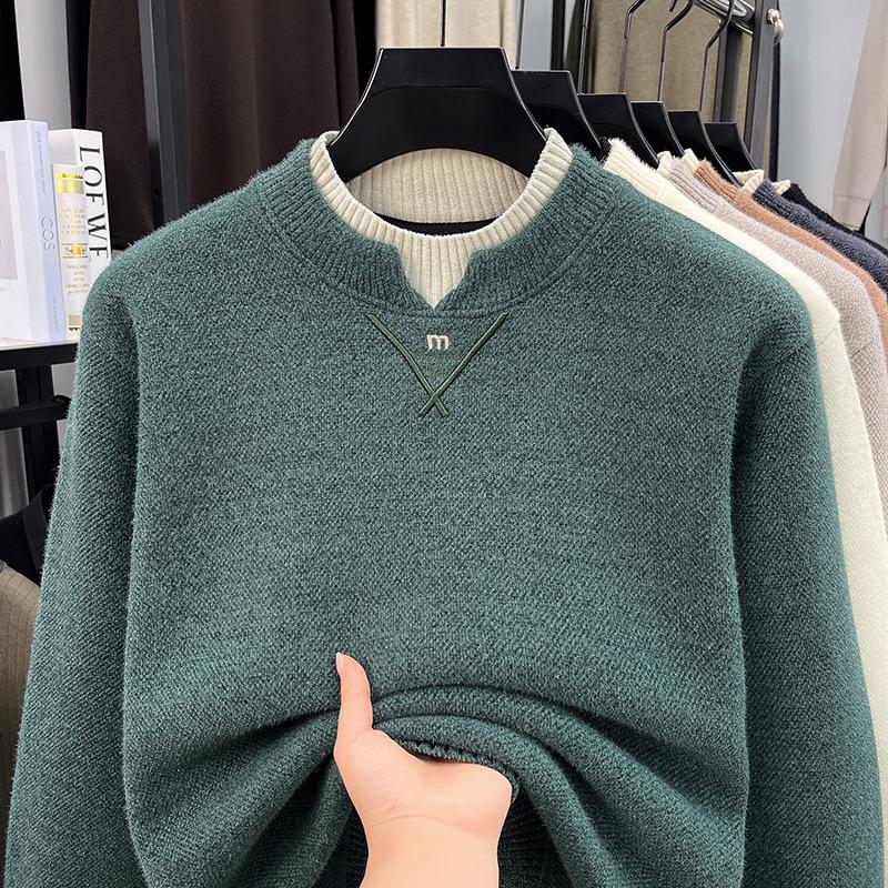 Men's faux snow sculpture sweater, 2026 autumn new style, two-piece design with contrasting trim, Henley collar, long-sleeved knit base layer