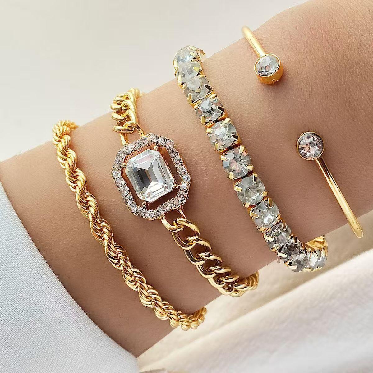 Artistic Retro All-match Metal Chain Square Diamond 4-piece Set Cross-border Hot-selling Multi-layer Diamond Stacked Bracelet suit