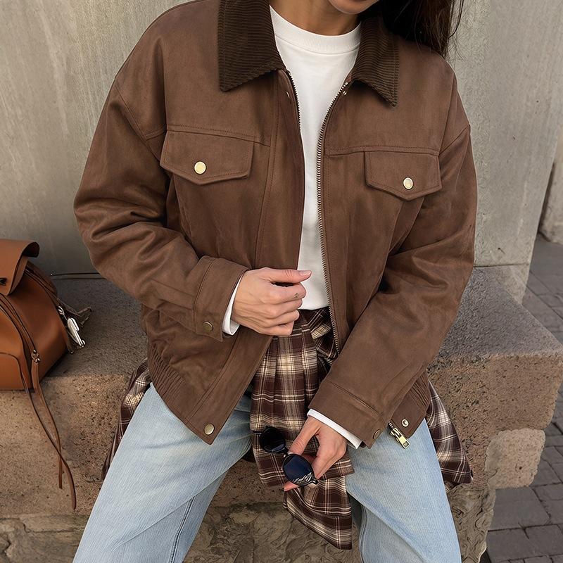 European and American cross-border foreign trade jacket, trendy and fashionable, loose-fitting women's coat with a turn-down collar, new autumn zip-up jacket for women