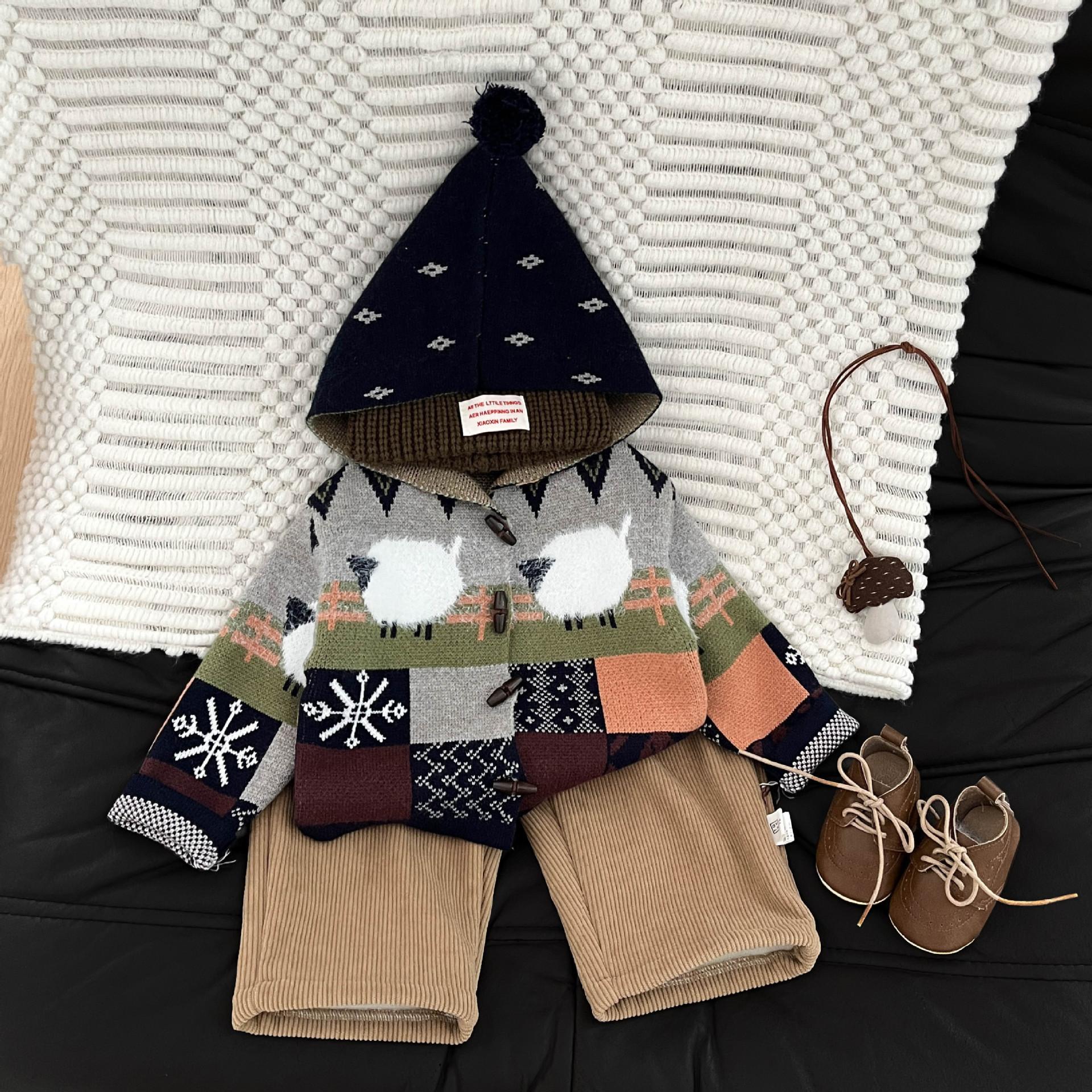 Children's Retro Sweater Autumn and Winter Baby Clothes Fashionable Contrasting Color Elf Hat Knitted Cardigan Thickeneded Korean Style Jacket