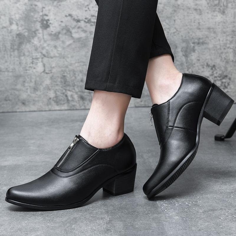 Cross-Border High-Heeled Leather Shoes for Men's Wedding Banquet Formal Men's Shoes Size 37 Trendyy High-Heeled Shoes Hairstylist Shoes Zipper Men