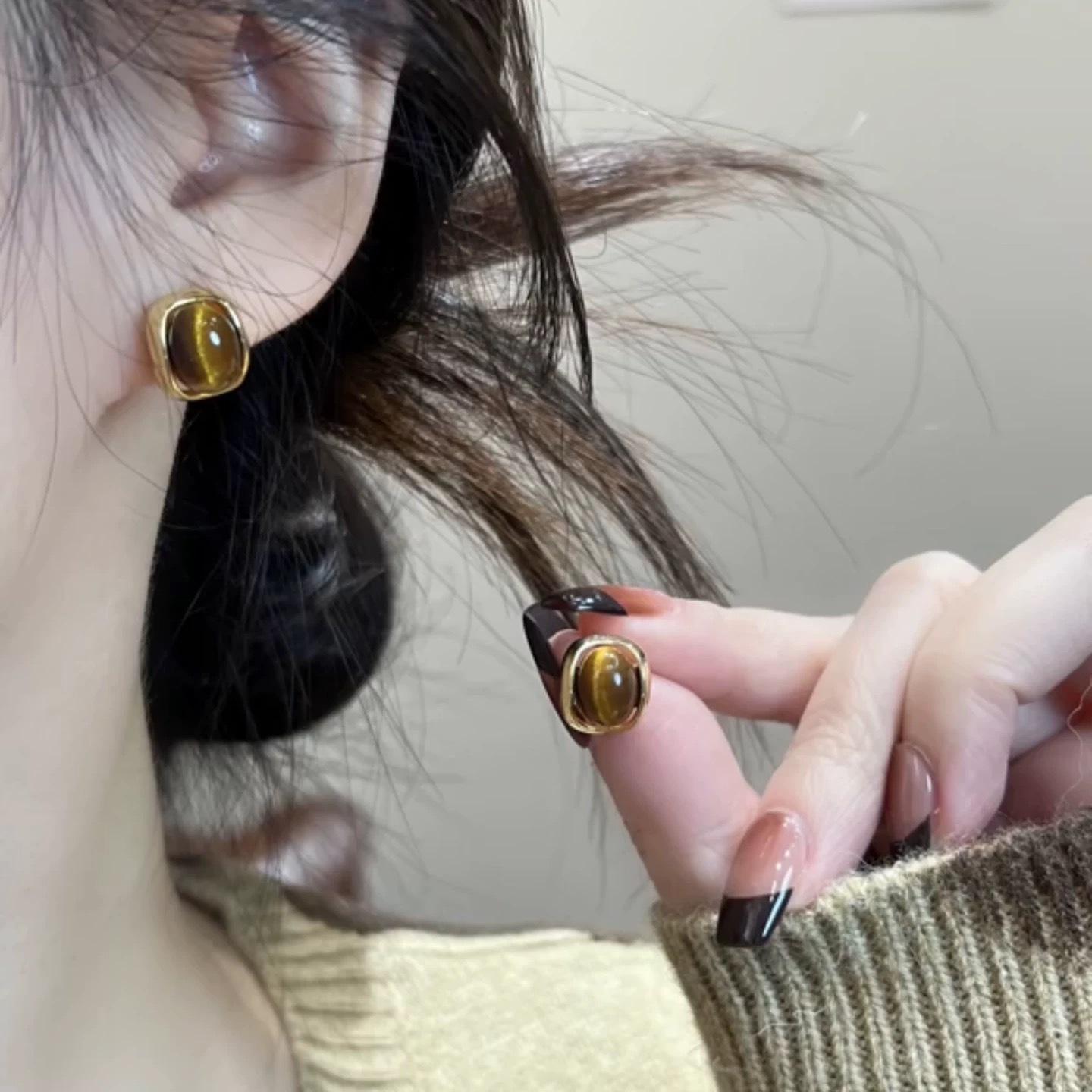 Retro Hong Kong Style Geometric Tiger Eye Stone Earrings Small and Exquisite Autumn and Winter 2025 New Hot Style High-End Earrings