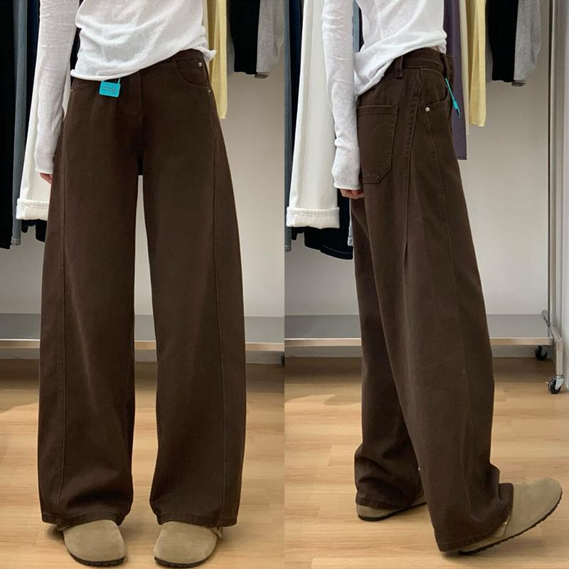 Coffee-Colored Wide-Leg Jeans for Women, 2026 Autumn High-Waisted Loose Fit for Pear-Shaped Body, Petite, Slimming Straight-Leg Pants