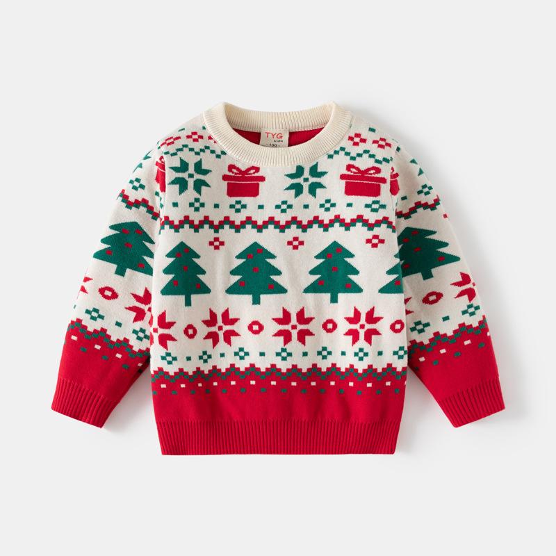 Factory Direct Supply Autumn and Winter New Children's Clothing Wholesale Boys and Girls Double-Layer Warm Christmas Knitwears Baby Color Matching Knitwears