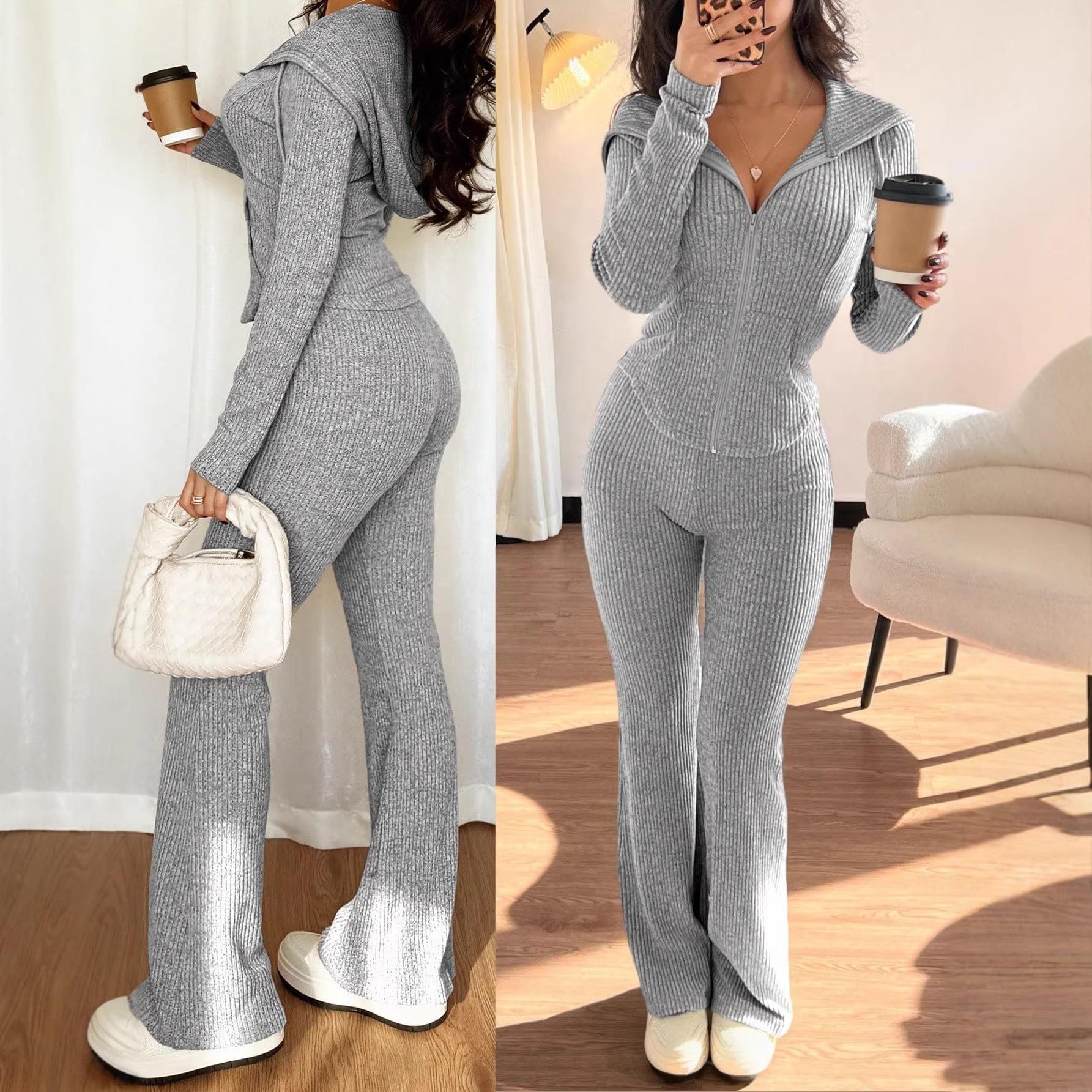 European and American Cross-Border New Autumn and Winter Women's Fashion Long-Sleeve Hooded Slim-Fit Sweatshirt Jacket and Straight-Leg Pants Set for Women