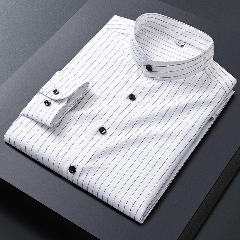 Gold Shield Striped Stand Collar Shirt for Men, Long Sleeve, Spring and Autumn, Zhongshan Style, Round Neck, Pocket, Casual, Versatile, Non-Iron Shirt for Men