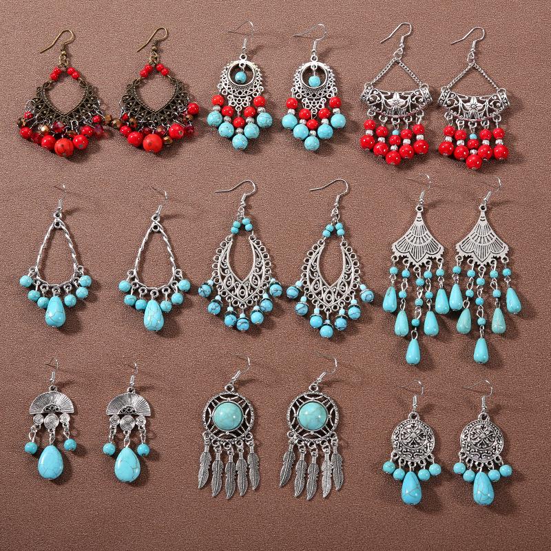 European and American Bohemian tassel turquoise earrings retro ethnic style earrings personality temperament Xizang ear jewelry